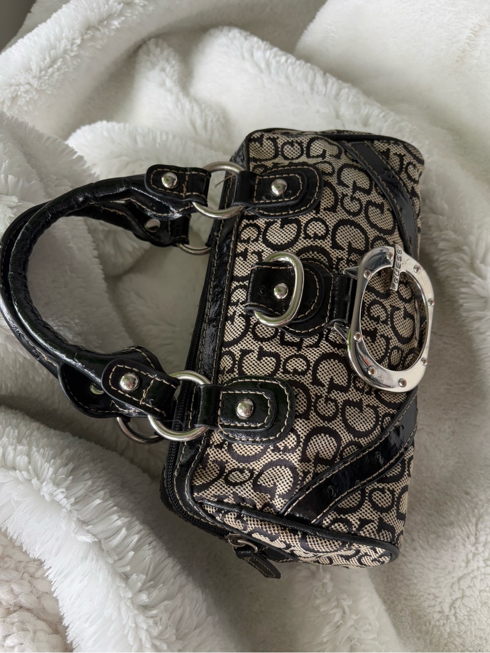 RARE Vintage Y2K GUESS Gloss Mini Monogram Bowler Bag Ostrich McBling - Picture 8 of 13